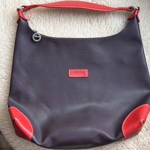 Longchamp Derby Black Dark Brown Red Accents Hobo Sling Purse Shoulder bag Vtg.